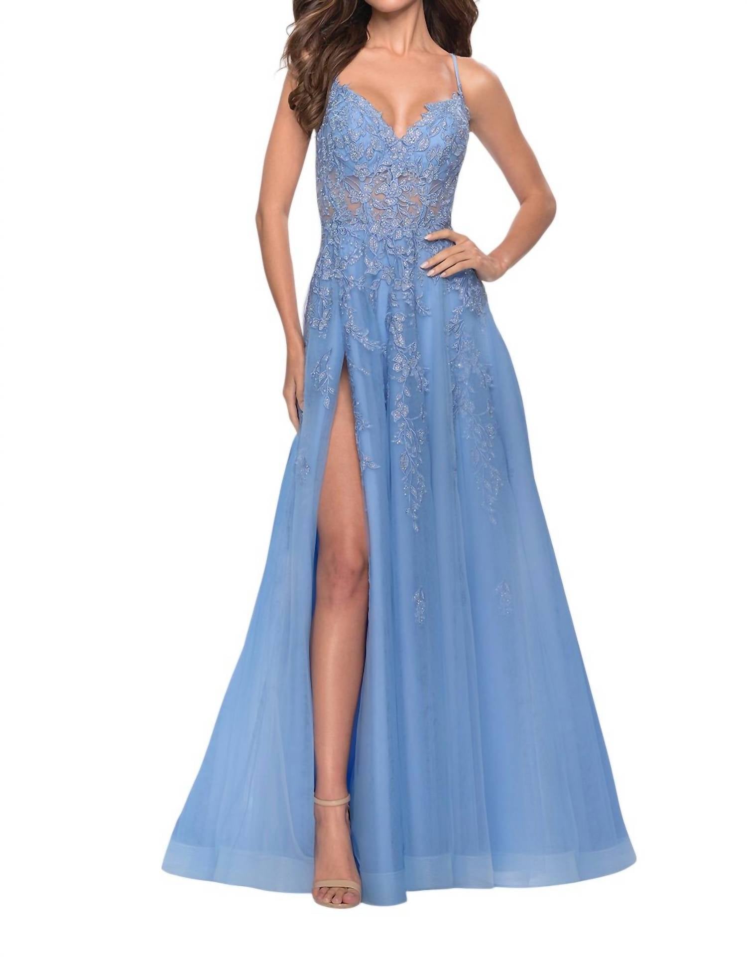 La Femme - Sheer Waist A - line Prom Dress - blue - clothing - dresses