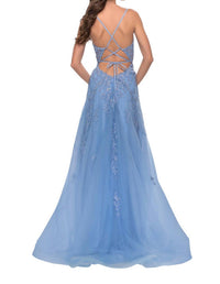 La Femme - Sheer Waist A - line Prom Dress - blue - clothing - dresses