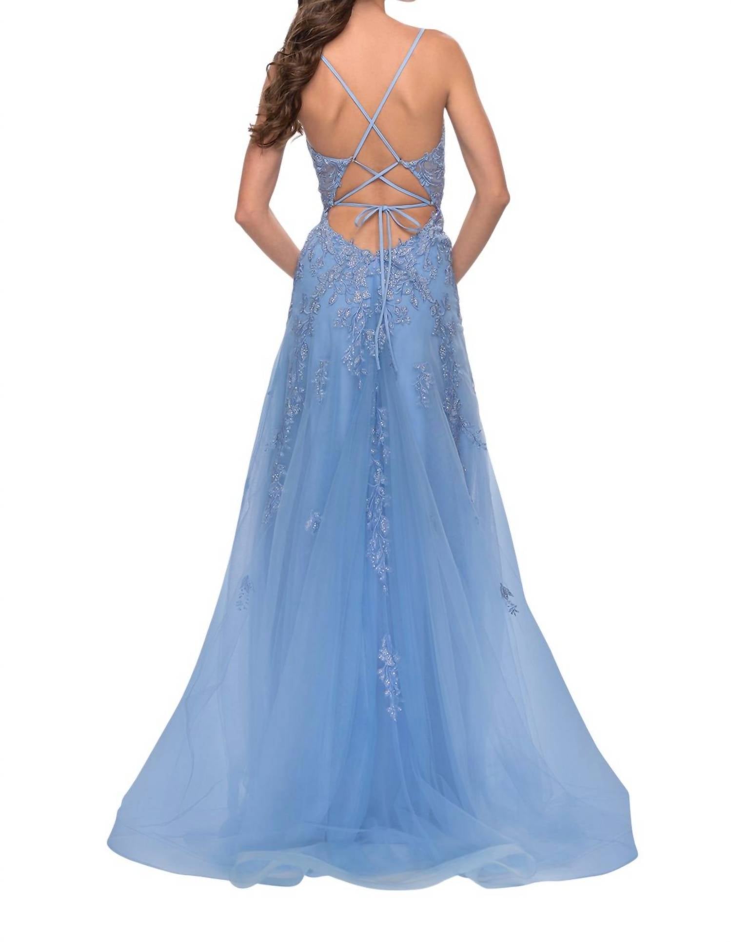 La Femme - Sheer Waist A - line Prom Dress - blue - clothing - dresses