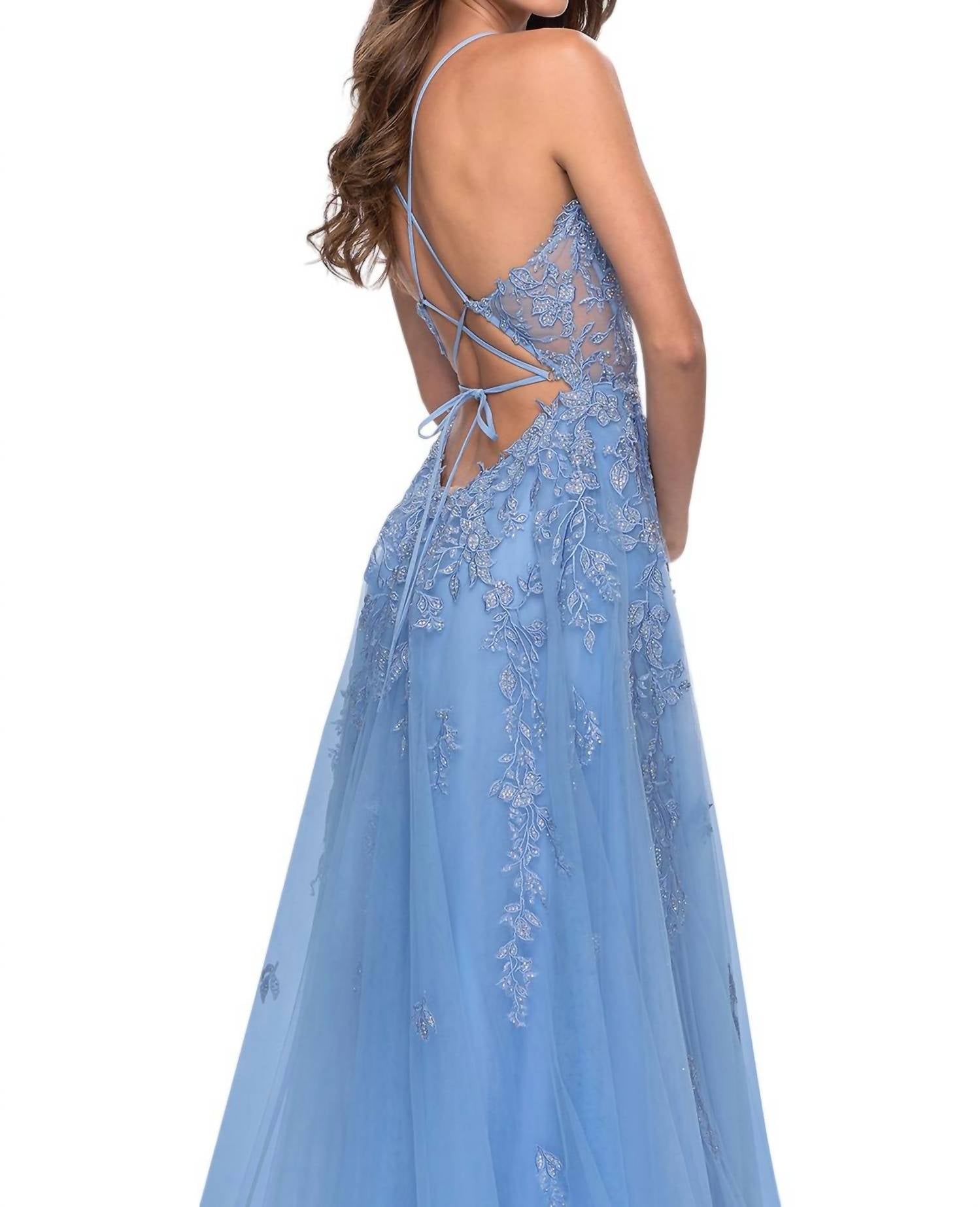 La Femme - Sheer Waist A - line Prom Dress - blue - clothing - dresses