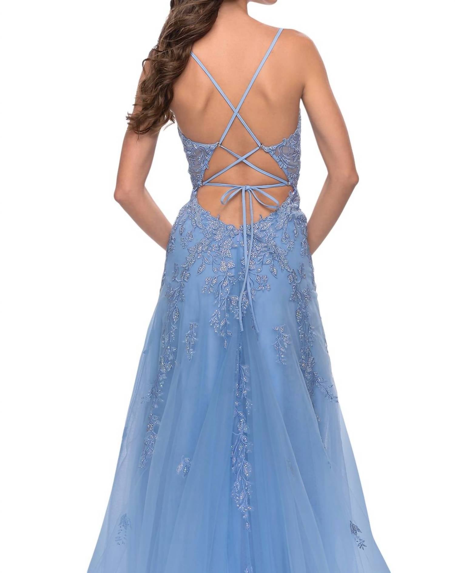 La Femme - Sheer Waist A - line Prom Dress - blue - clothing - dresses