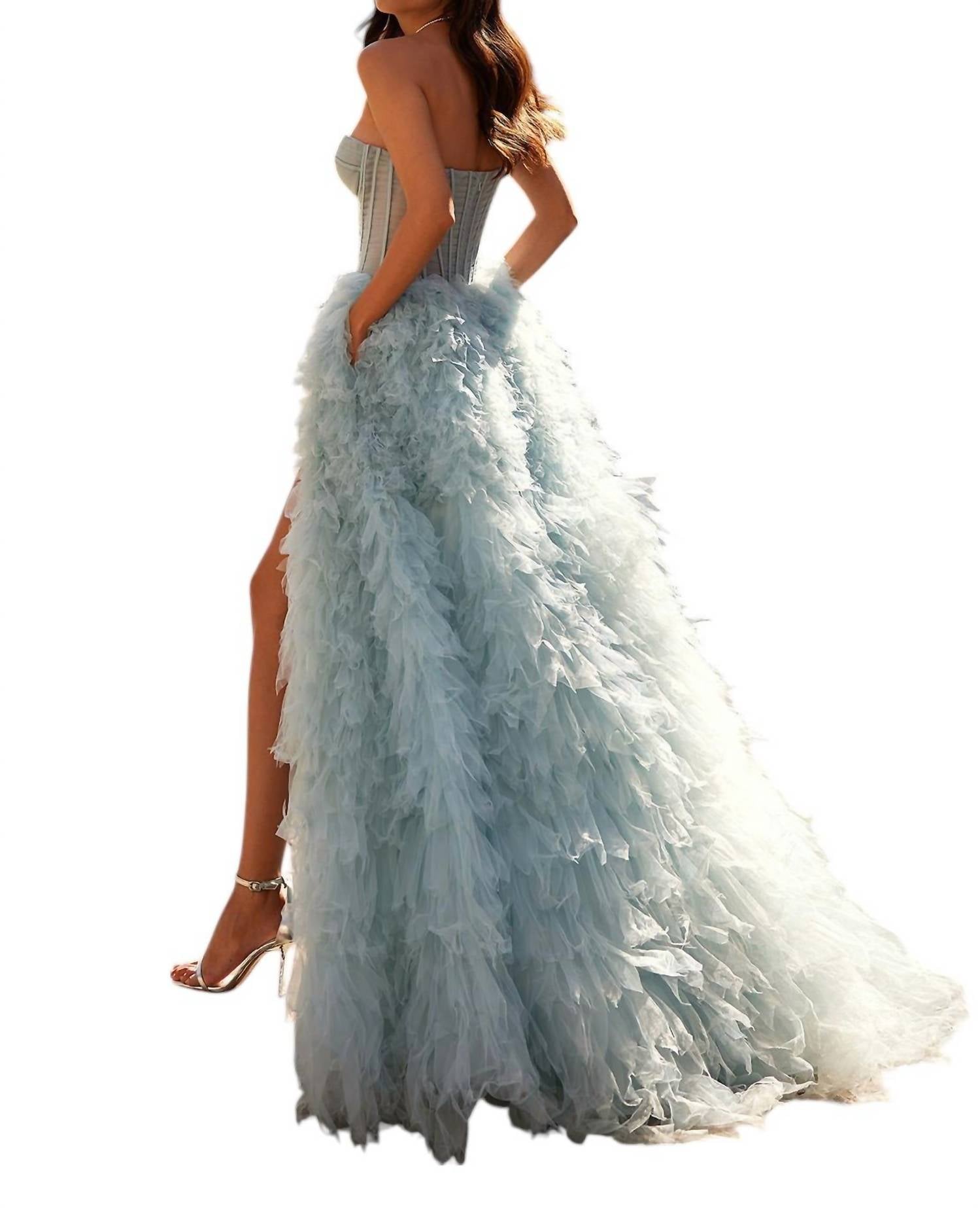 La Femme - Soft Ruffled Tulle Prom Dress - blue - clothing - dresses