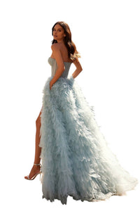 La Femme - Soft Ruffled Tulle Prom Dress - blue - clothing - dresses