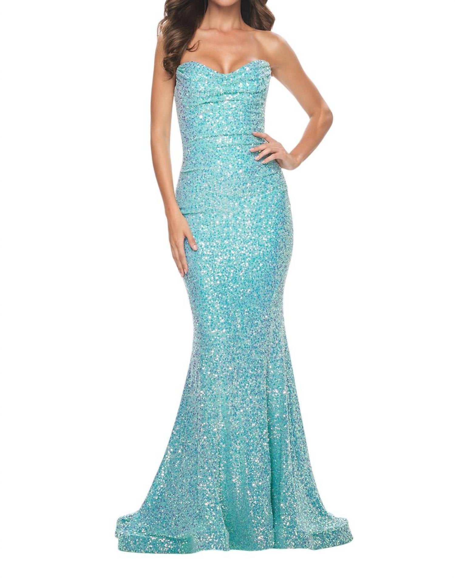 La Femme - Strapless Draped Neckline Prom Dress - blue - clothing - dresses