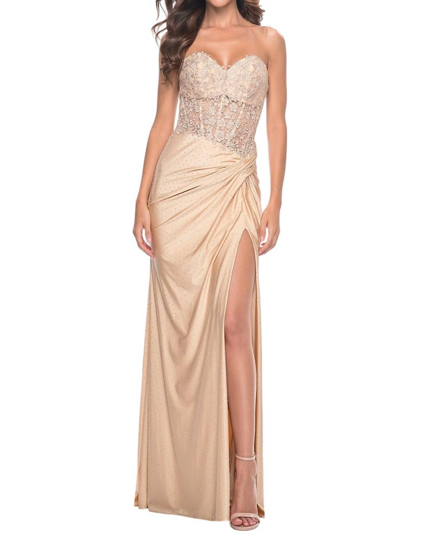 La Femme - Strapless Sweetheart Prom Dress With Ruched Jersey Skirt - clothing - dresses - gold