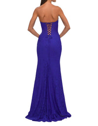 La Femme - Stretch Lace Illusion Waist Prom Dress - blue - clothing - dresses