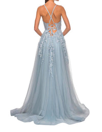 La Femme - Stunning A - line Rhinestone - embellished Prom Dress - blue - clothing - dresses