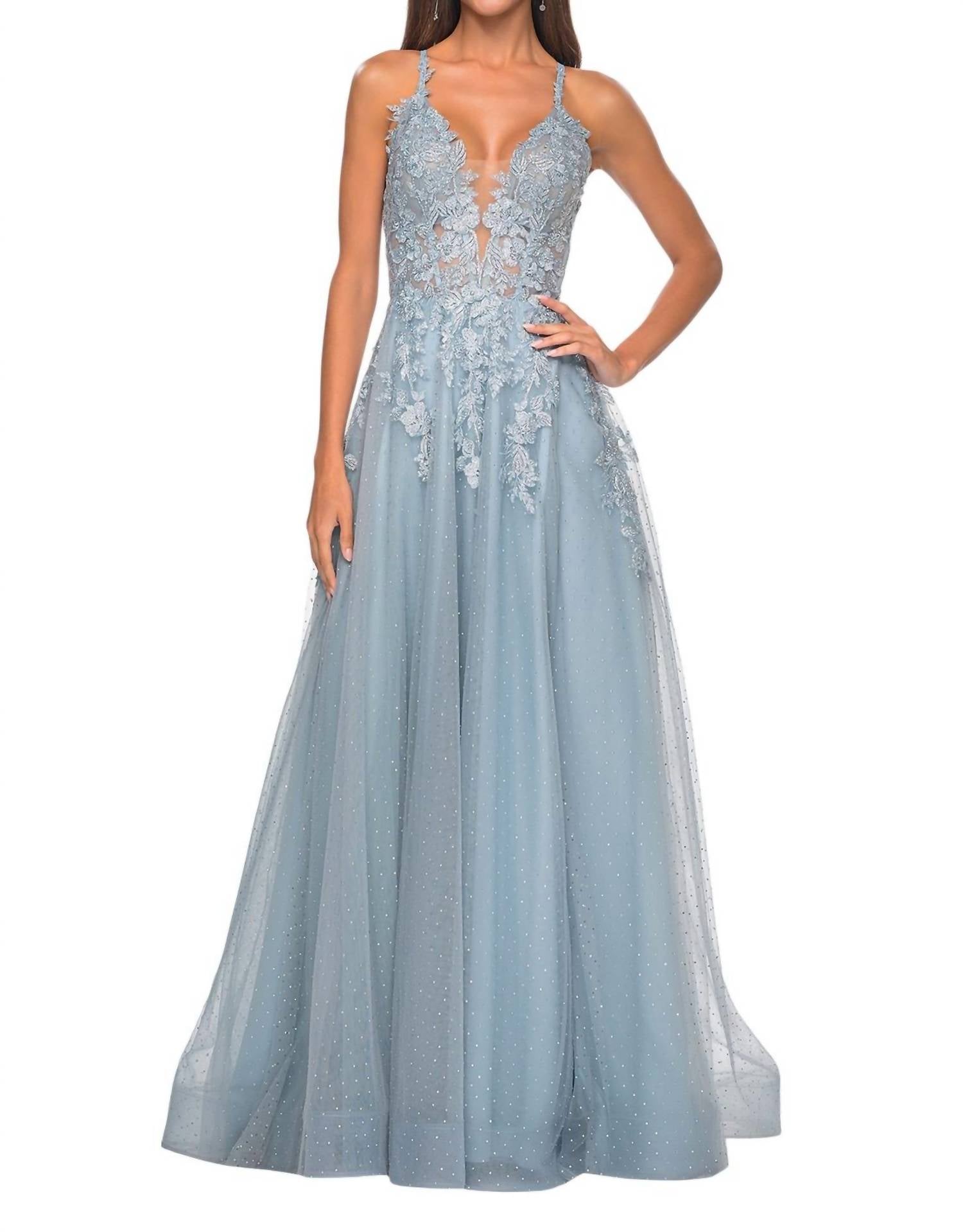 La Femme - Stunning A - line Rhinestone - embellished Prom Dress - blue - clothing - dresses