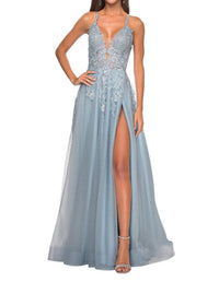 La Femme - Stunning A - line Rhinestone - embellished Prom Dress - blue - clothing - dresses