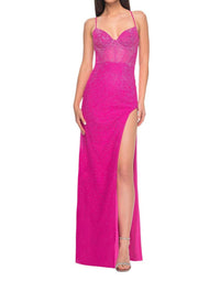 La Femme - Stunning Fitted Net Prom Dress - clothing - dresses - patterned