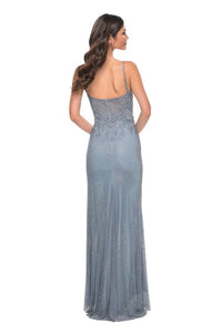 La Femme - Stunning Rhinestone Fishnet Prom Dress - blue - clothing - dresses