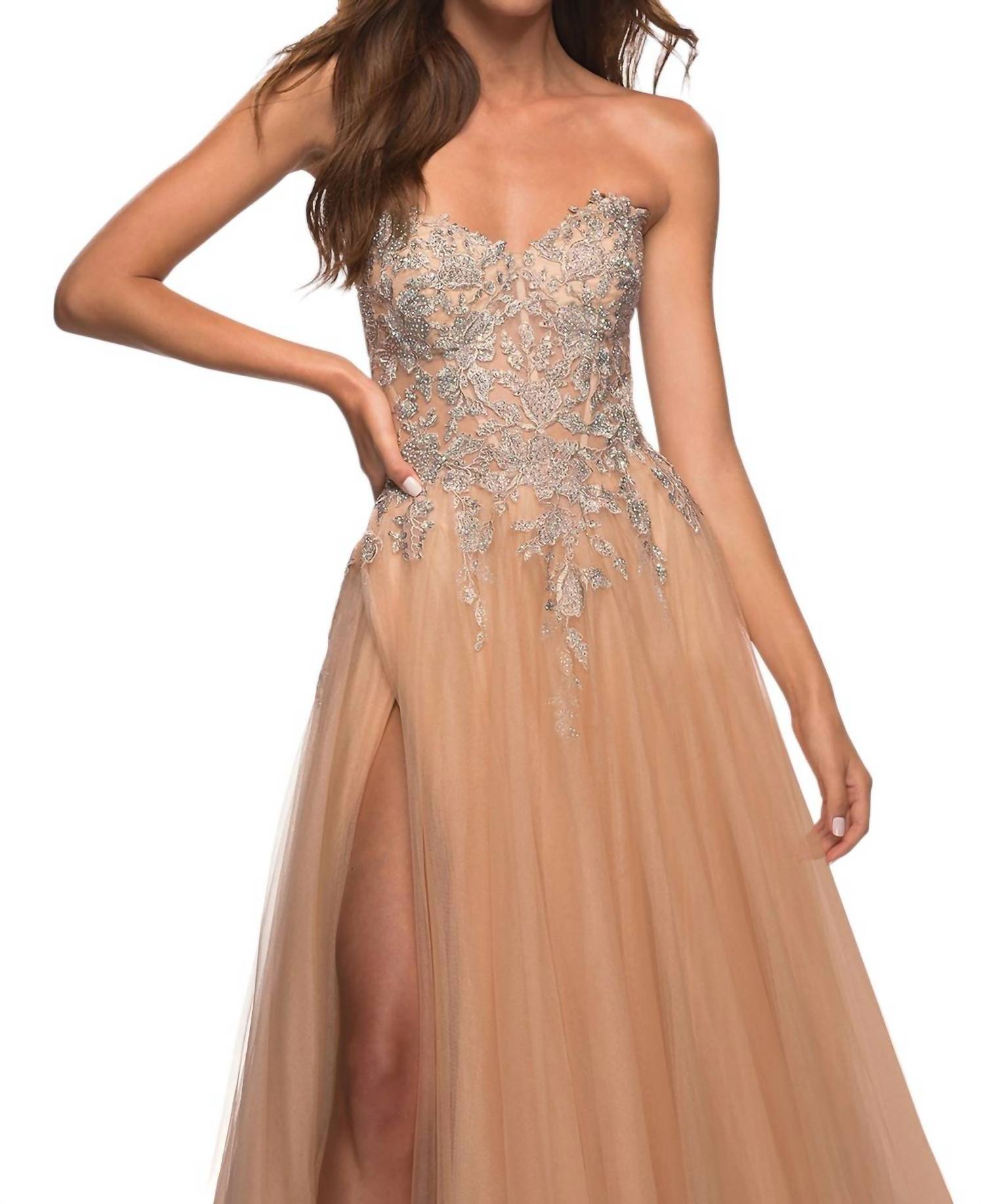 La Femme - Stunning Strapless Tulle And Lace Prom Dress - beige - clothing - dresses