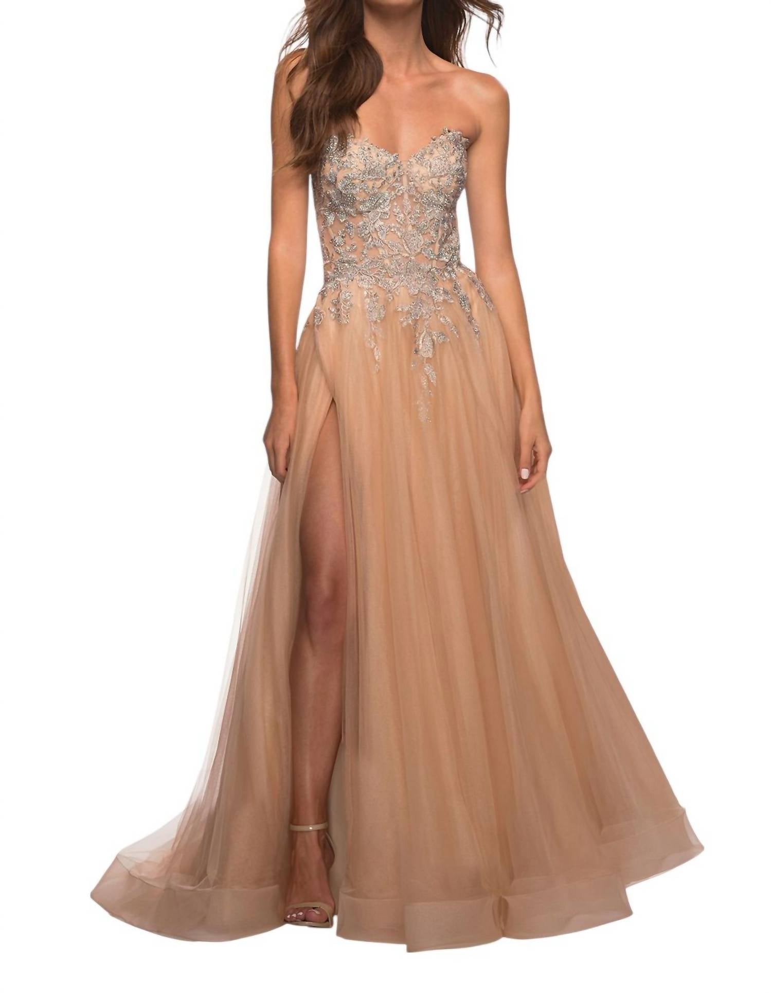 La Femme - Stunning Strapless Tulle And Lace Prom Dress - beige - clothing - dresses