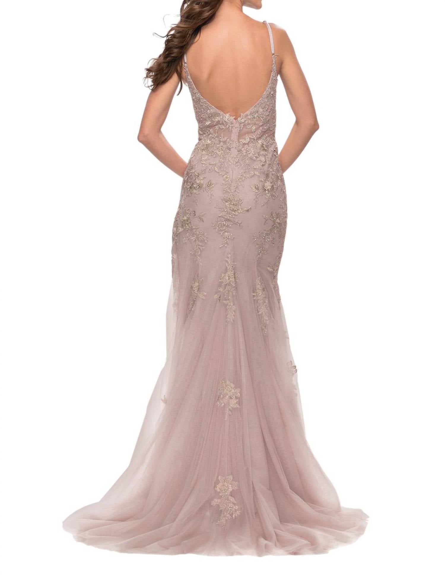 La Femme - Stunning V Neckline Lace Prom Dress - beige - clothing - dresses