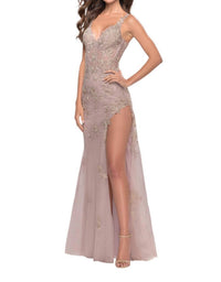 La Femme - Stunning V Neckline Lace Prom Dress - beige - clothing - dresses
