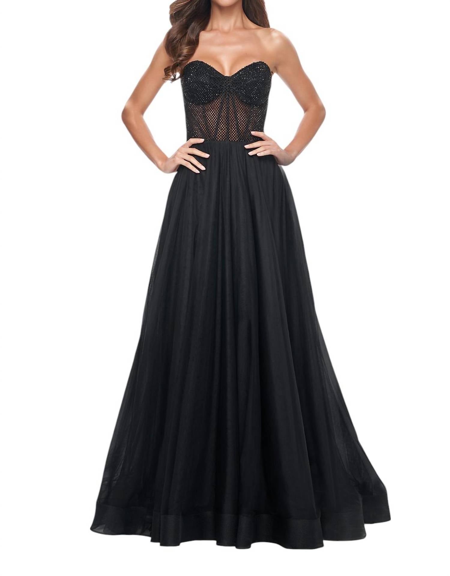La Femme - Tulle A - line Fishnet Prom Dress - black - clothing - dresses