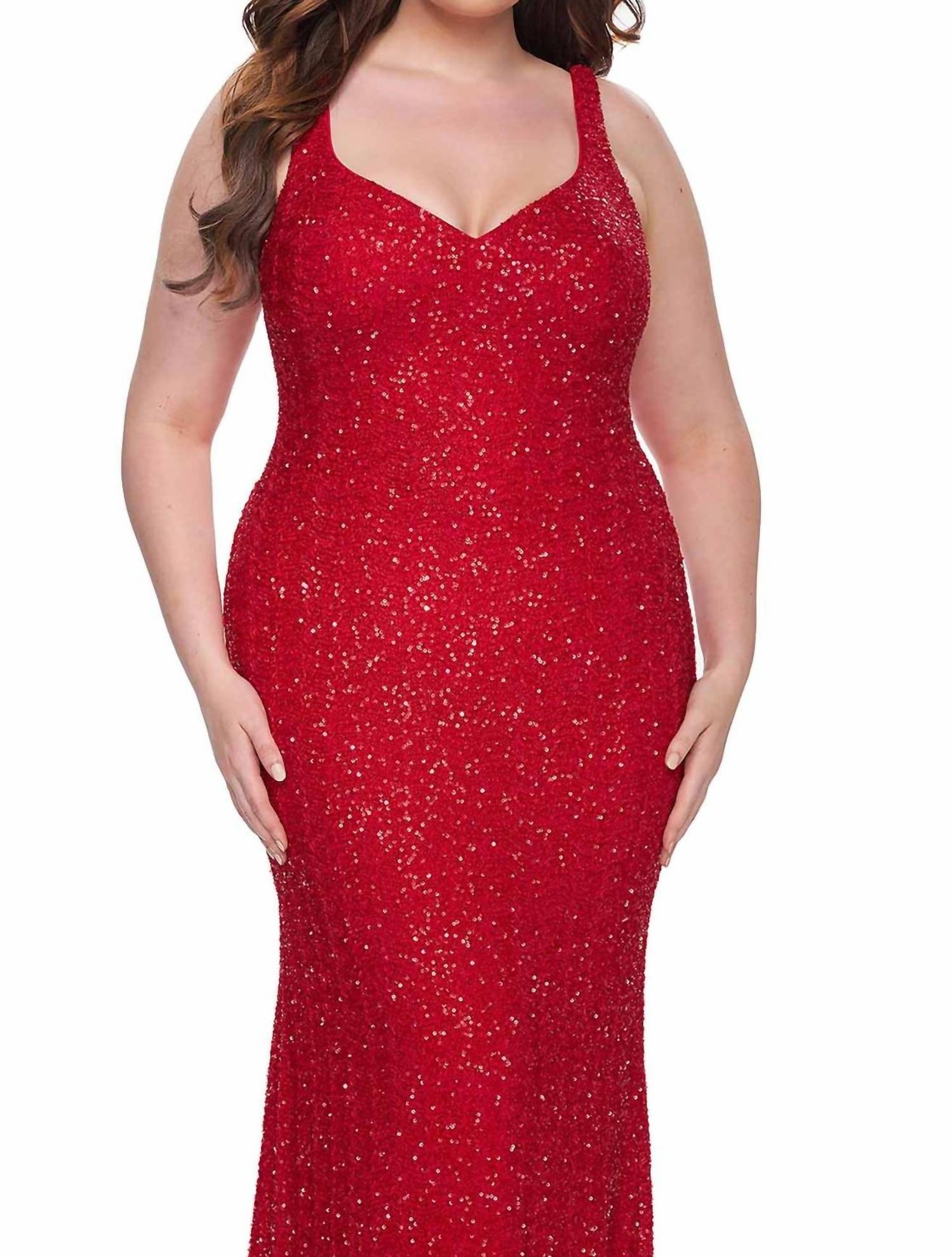 La Femme - V - neck And V - back Prom Dress - Plus - clothing - dresses - patterned