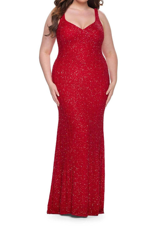 La Femme - V - neck And V - back Prom Dress - Plus - clothing - dresses - patterned