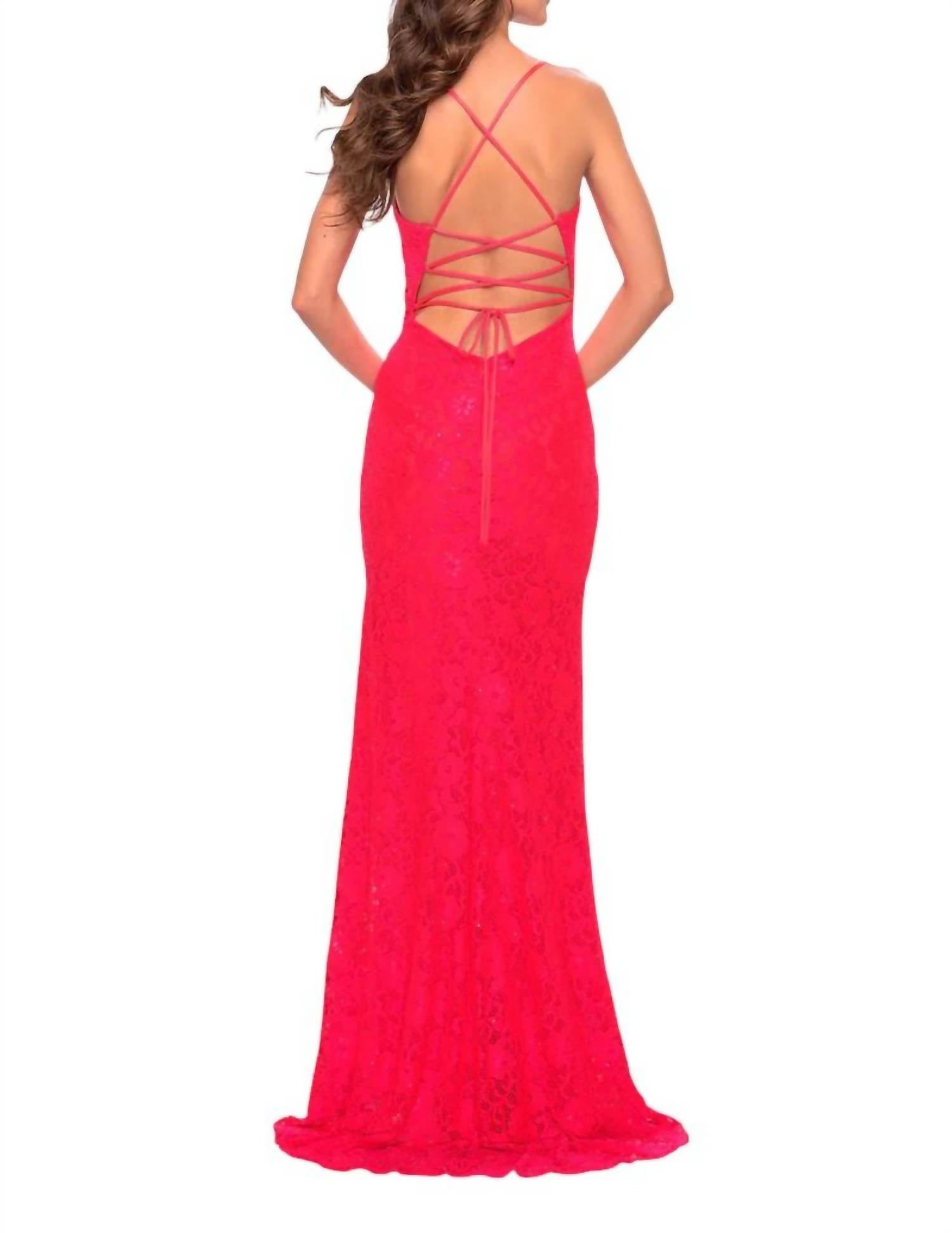 La Femme - V - neck Long Stretch Lace Prom Dress - clothing - dresses - patterned