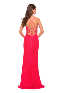 La Femme - V - neck Long Stretch Lace Prom Dress - clothing - dresses - patterned