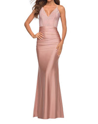 La Femme - V - neck Rhinestone Beaded Top Prom Dress - clothing - dresses - patterned