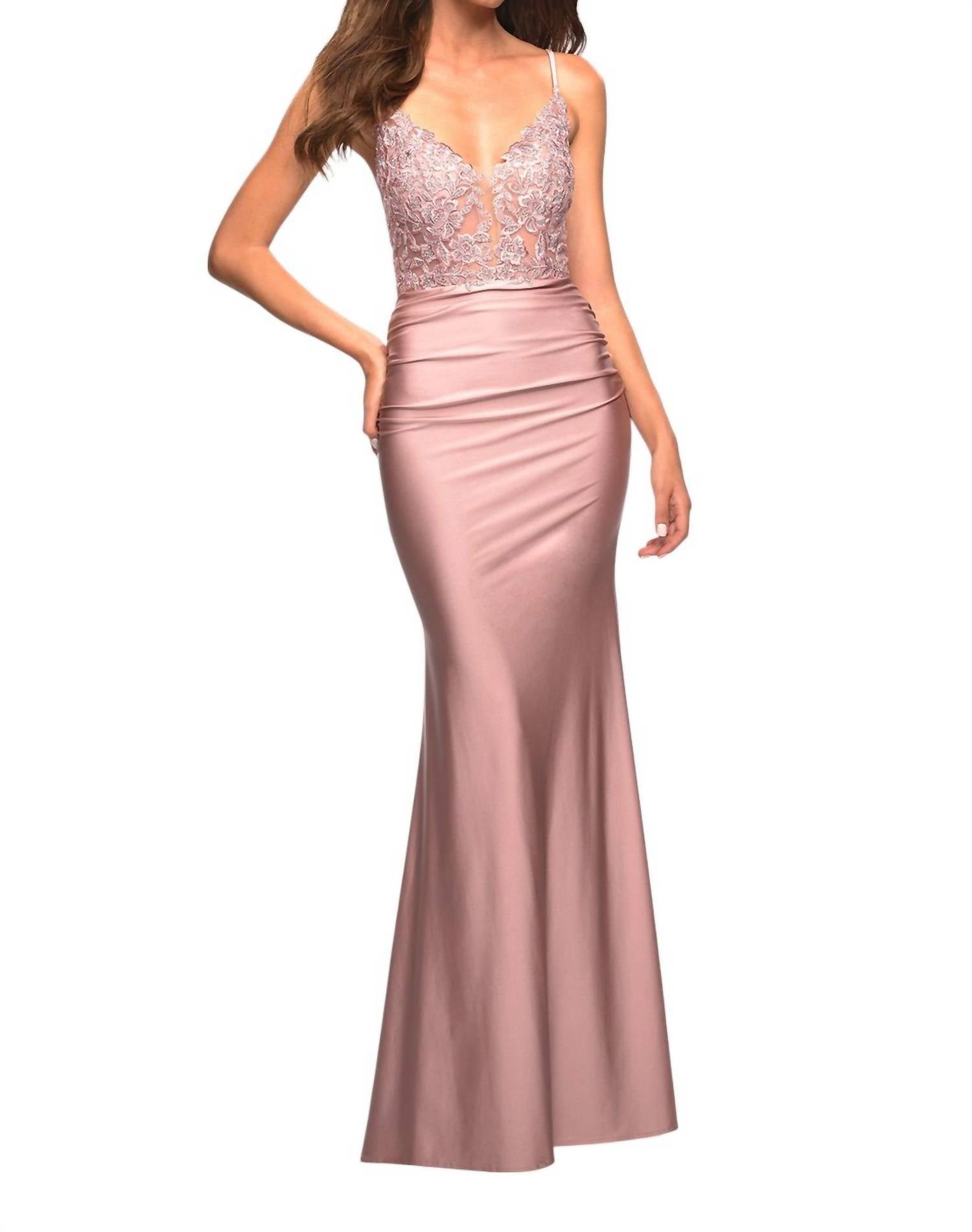 La Femme - V - neck Sheer Waist Prom Dress - clothing - dresses - patterned