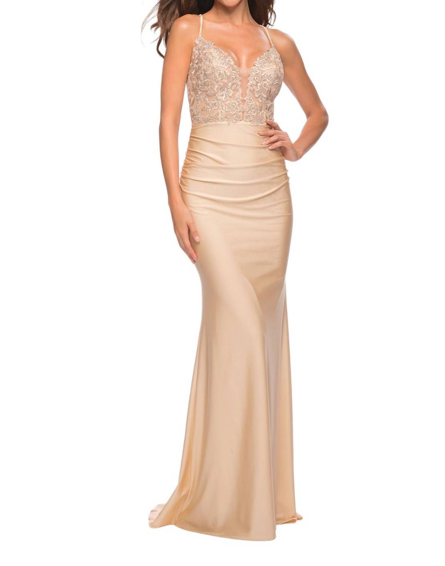 La Femme - V - neck Sheer Waist Prom Dress - clothing - dresses - gold