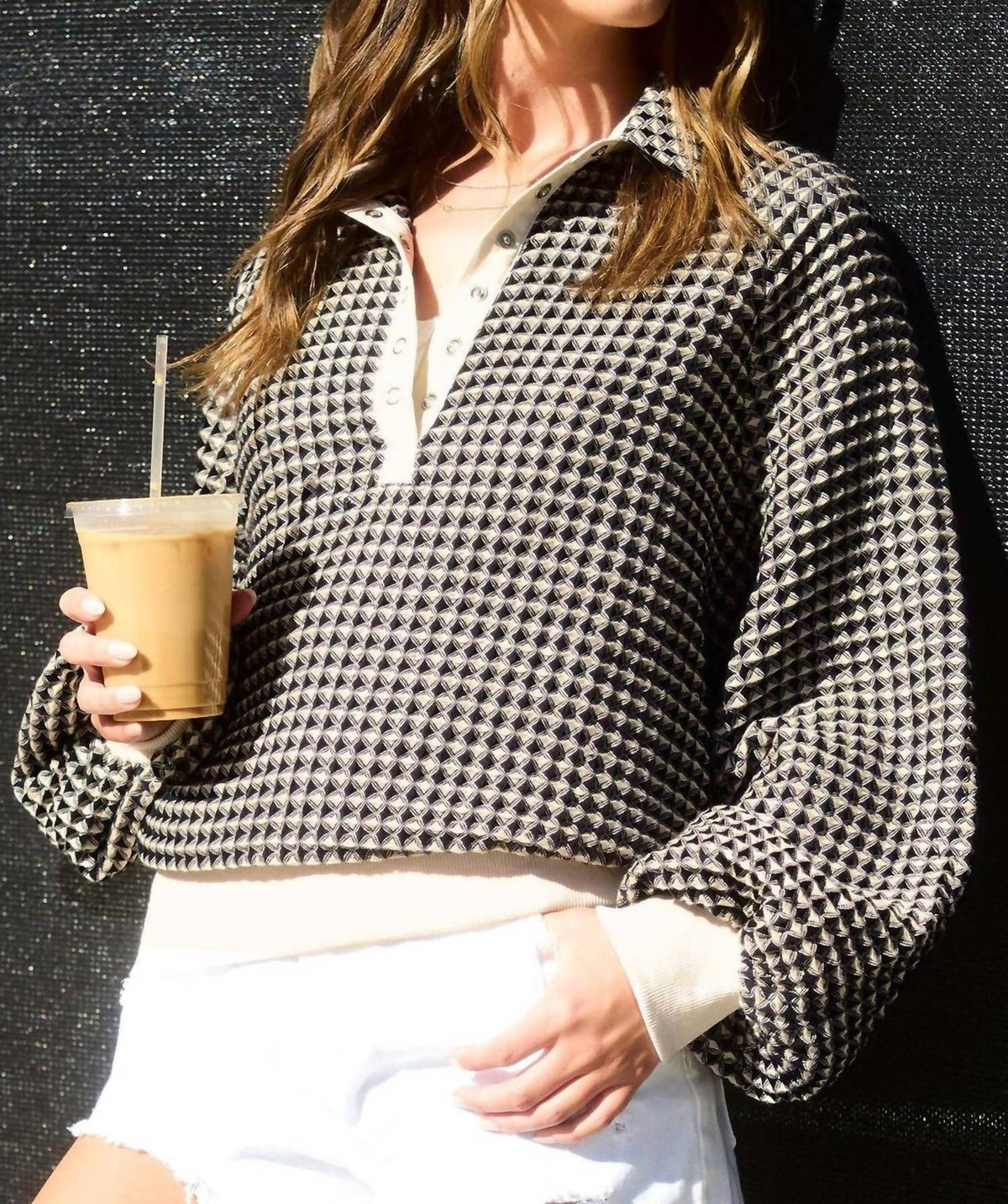 La Miel - Two Tone Textured Snap Button Front Top