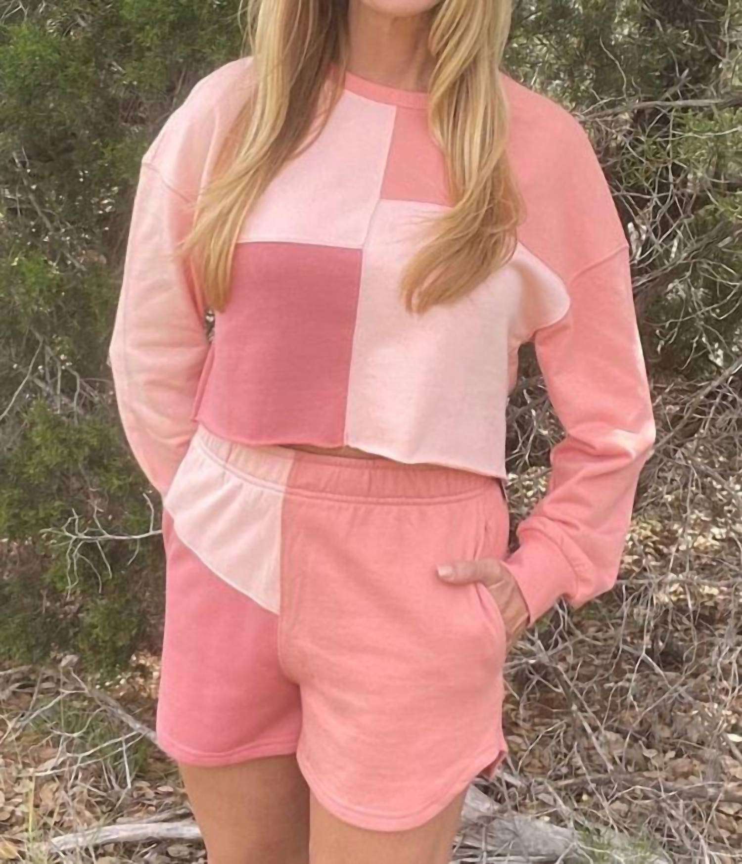 La Society - Colorblock Patchwork Long Sleeve Top And Shorts Set - clothing - loungewear - loungewear - set