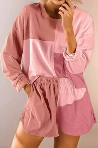 La Society - Colorblock Patchwork Long Sleeve Top And Shorts Set - clothing - loungewear - loungewear - set