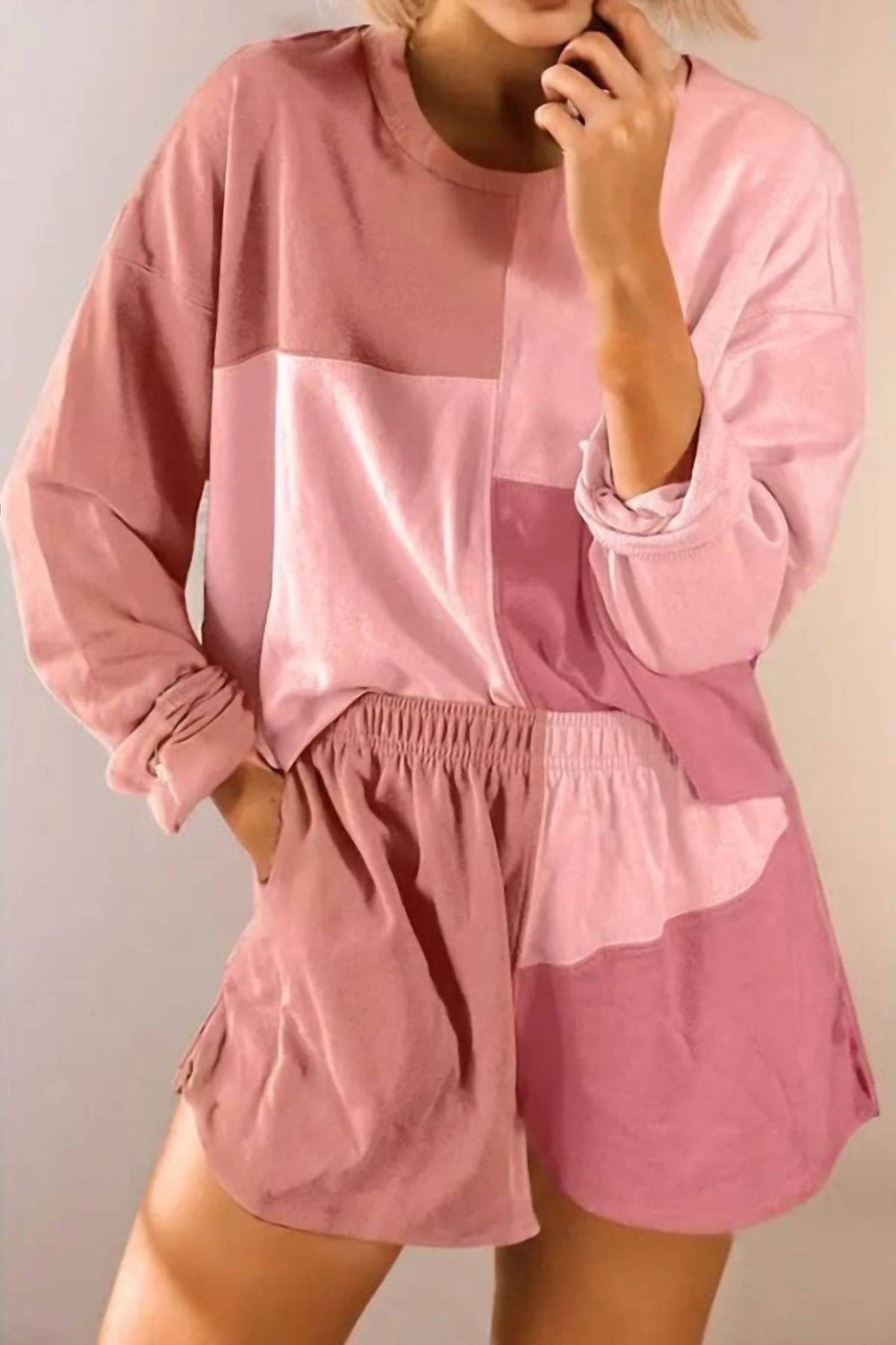 La Society - Colorblock Patchwork Long Sleeve Top And Shorts Set - clothing - loungewear - loungewear - set