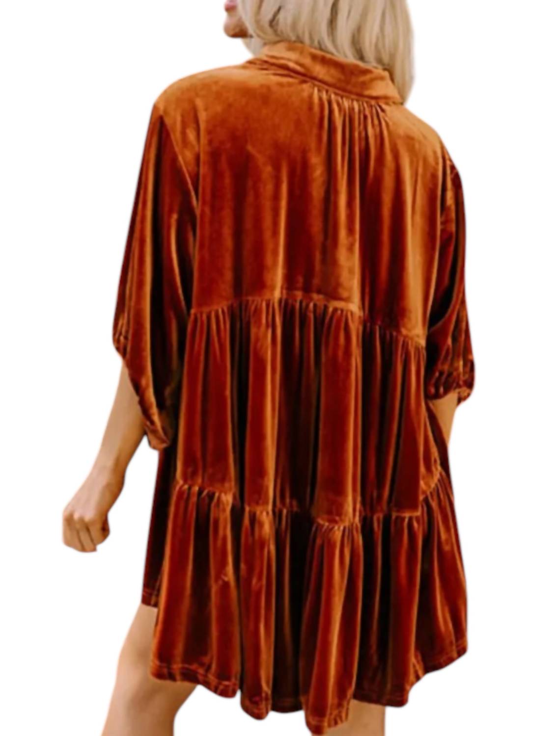 La Society - Velvet Babydoll Tunic - brown - clothing - shirts