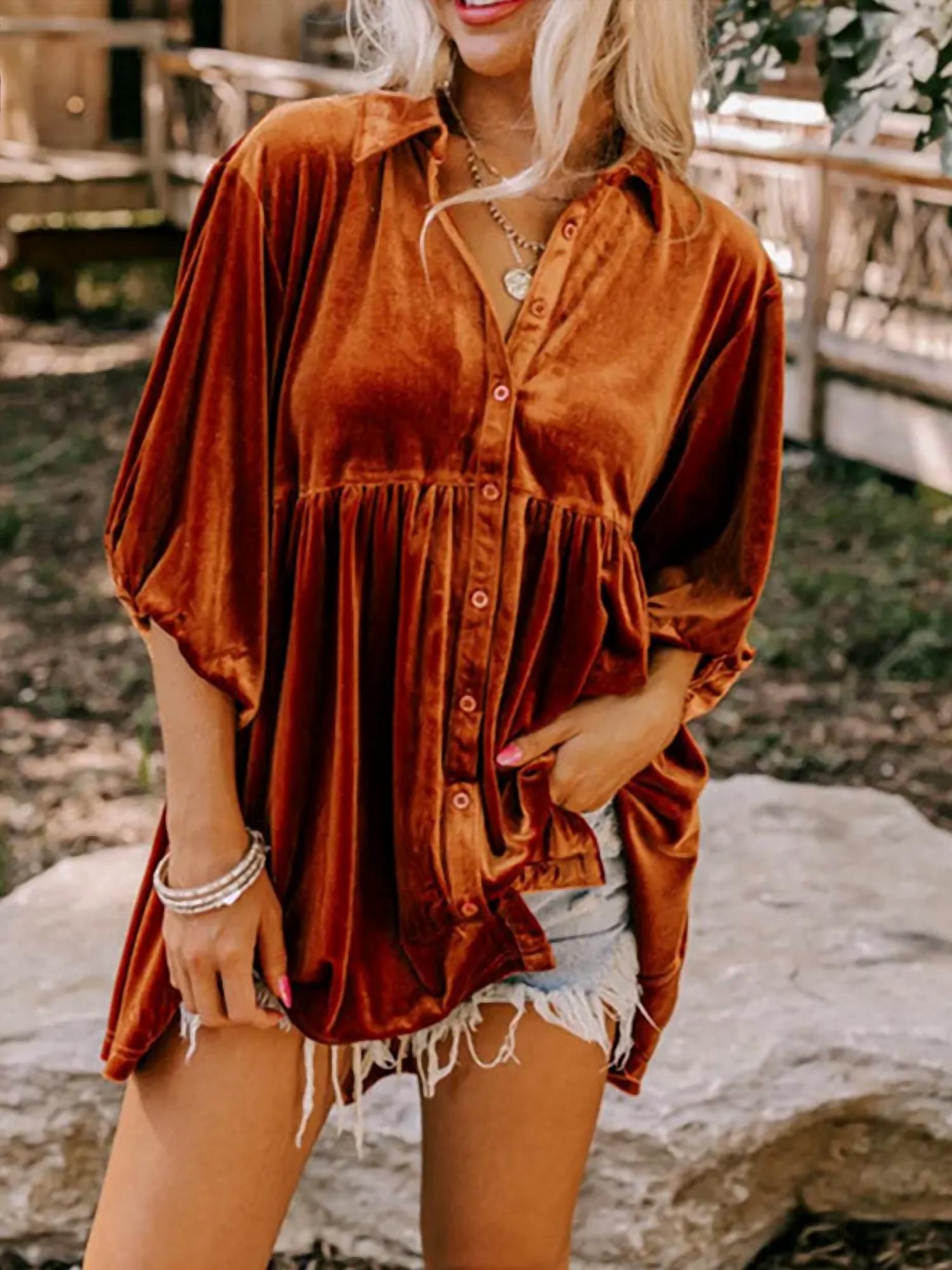 La Society - Velvet Babydoll Tunic - brown - clothing - shirts
