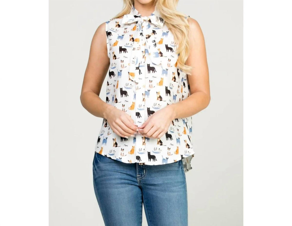 La Soul - Cat Print Button Down Sleeveless Top