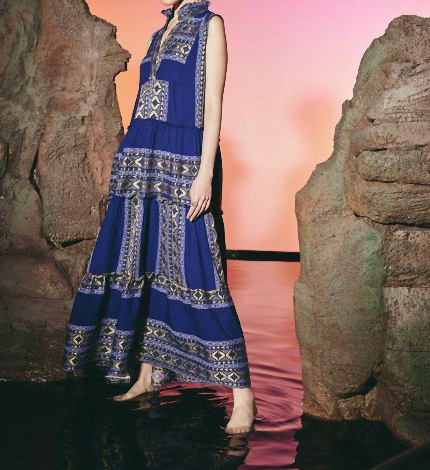 Lace - Block Sleeveless Maxi Dress - blue - clothing - dresses