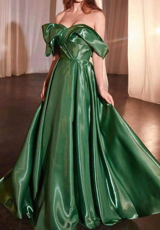 Ladivine - Off Shoulder Pleated Prom Gown - clothing - dresses - green