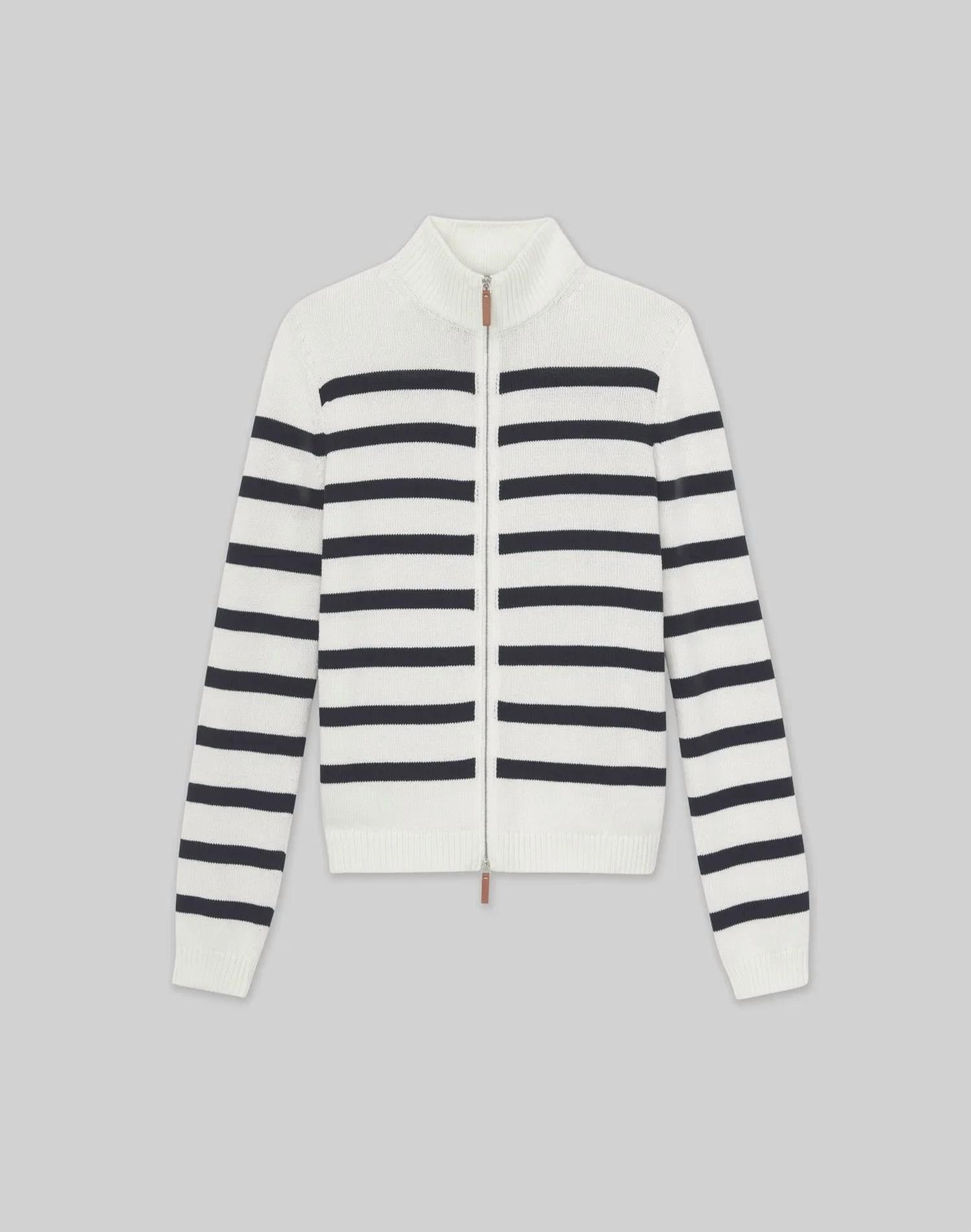 Lafayette 148 - STRIPE COTTON - SILK ZIP CARDIGAN - black - cardigans - clothing