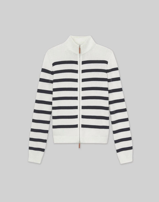 Lafayette 148 - STRIPE COTTON - SILK ZIP CARDIGAN - black - cardigans - clothing
