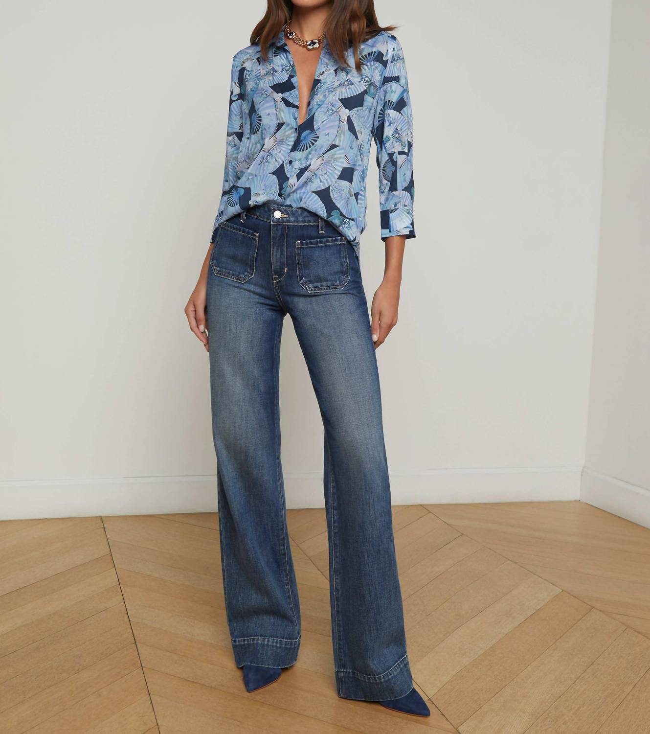 L'Agence - Camille 3/4 Sleeve Blouse - blouses - blue - clothing