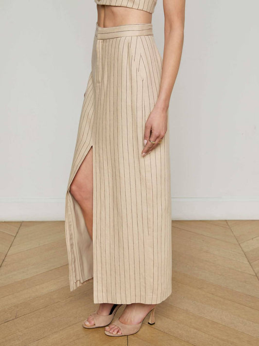 L'Agence - Maceline Pinstriped Maxi Skirt - brown - clothing - linen - blend
