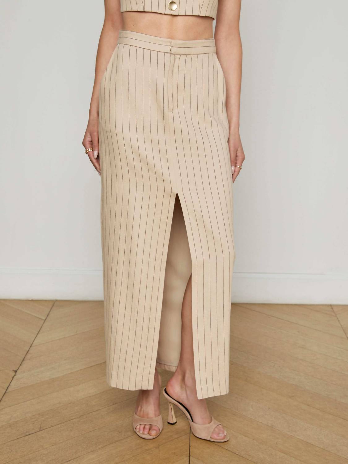 L'Agence - Maceline Pinstriped Maxi Skirt - brown - clothing - linen - blend