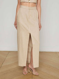 L'Agence - Maceline Pinstriped Maxi Skirt - brown - clothing - linen - blend