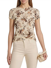 L'Agence - Ressi Fitted Round Neck Short Sleeve Top - beige - clothing - patterned
