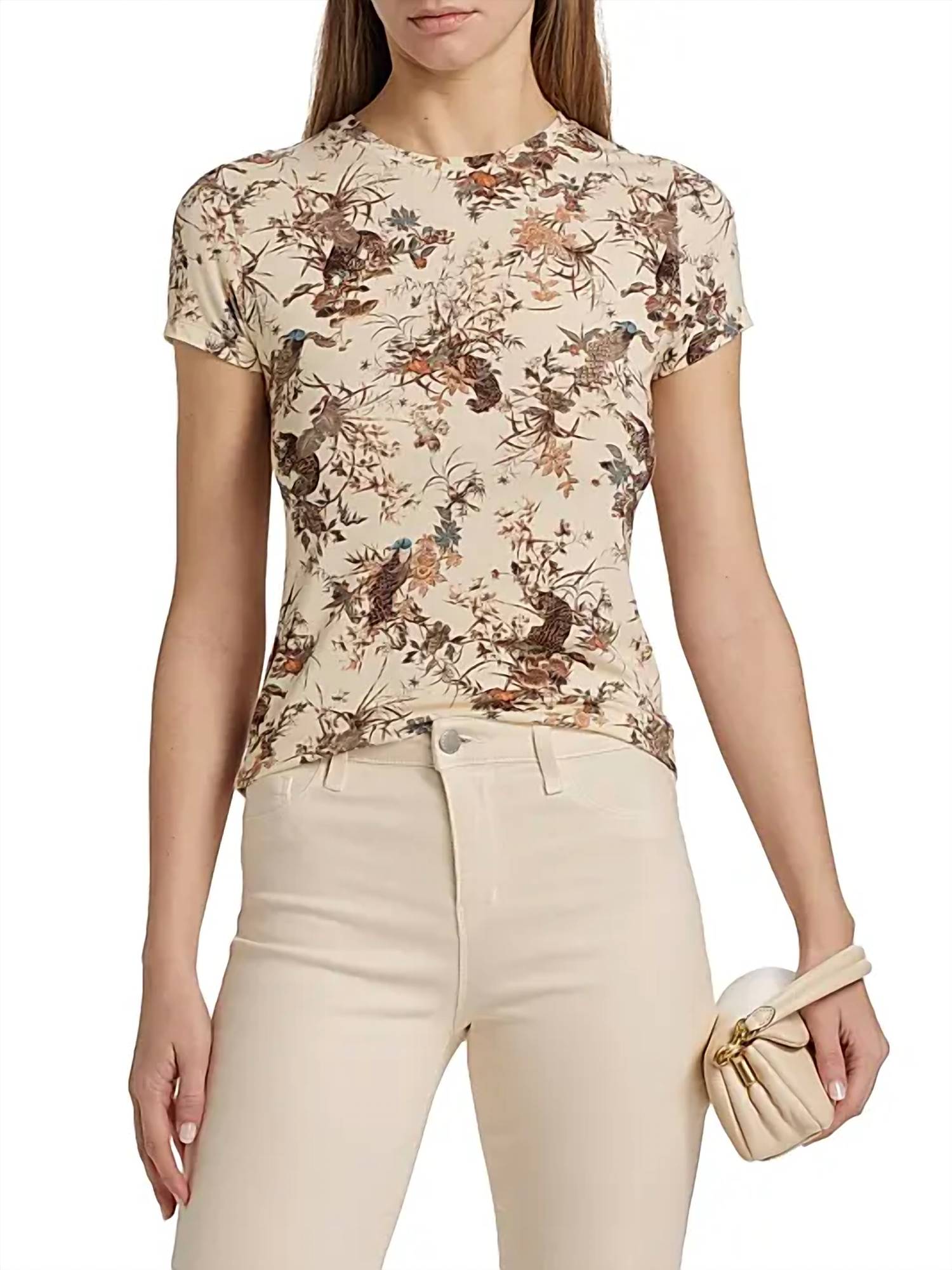 L'Agence - Ressi Fitted Round Neck Short Sleeve Top - beige - clothing - patterned