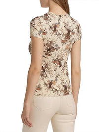 L'Agence - Ressi Fitted Round Neck Short Sleeve Top - beige - clothing - patterned