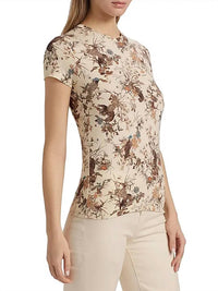 L'Agence - Ressi Fitted Round Neck Short Sleeve Top - beige - clothing - patterned