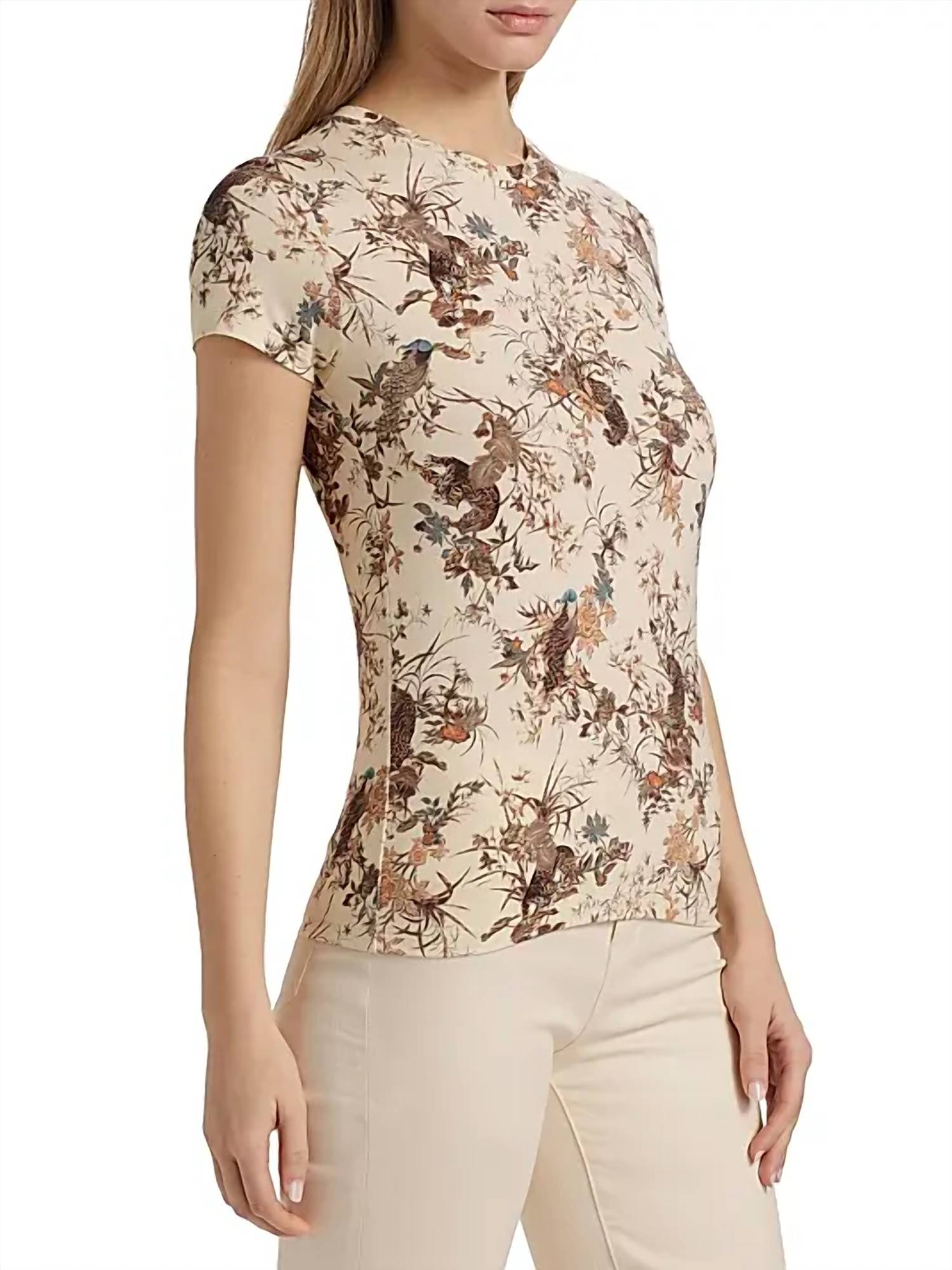 L'Agence - Ressi Fitted Round Neck Short Sleeve Top - beige - clothing - patterned