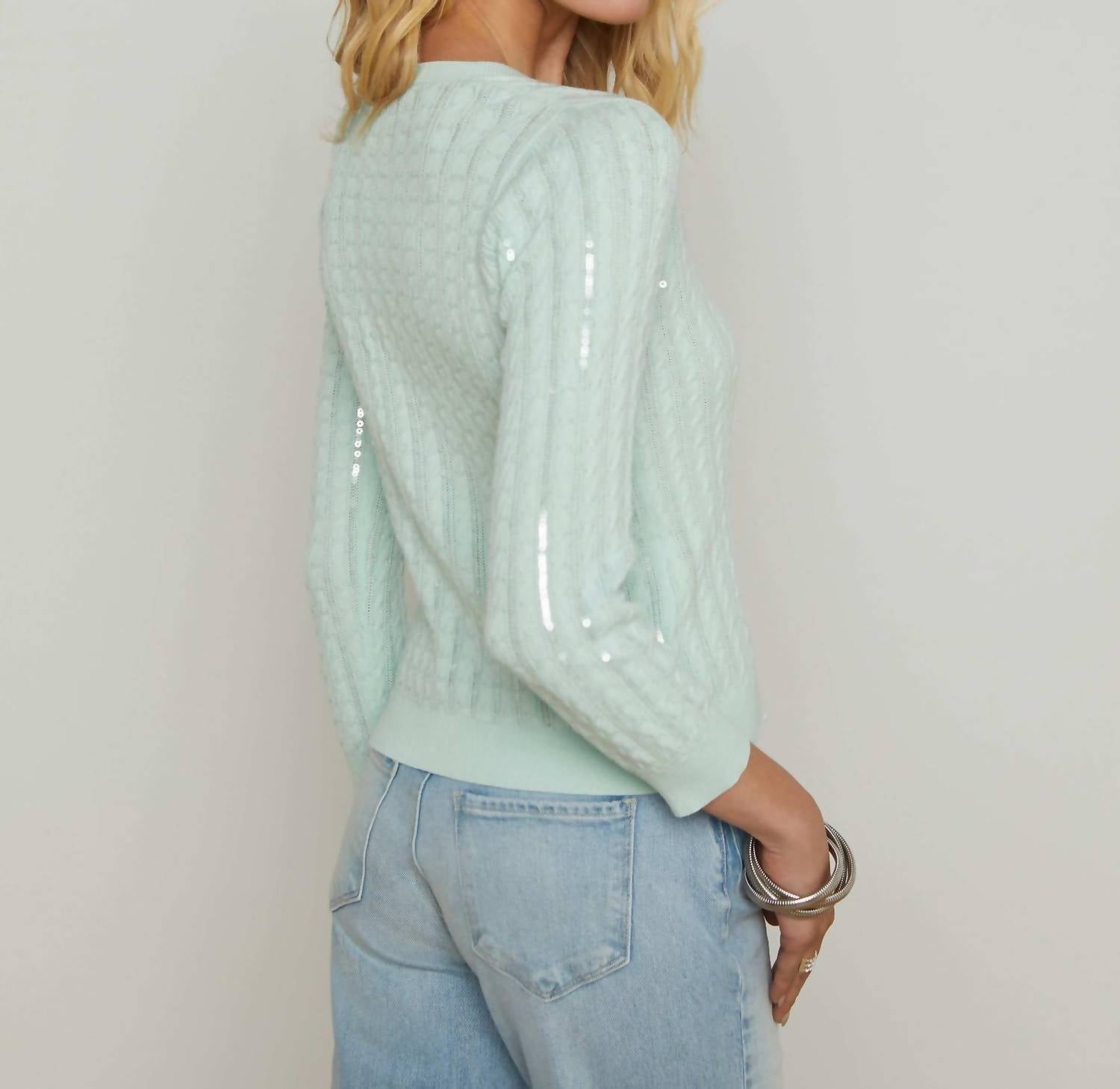 L'Agence - Trinity Sequin Cabled Pullover Sweater - clothing - cotton - green