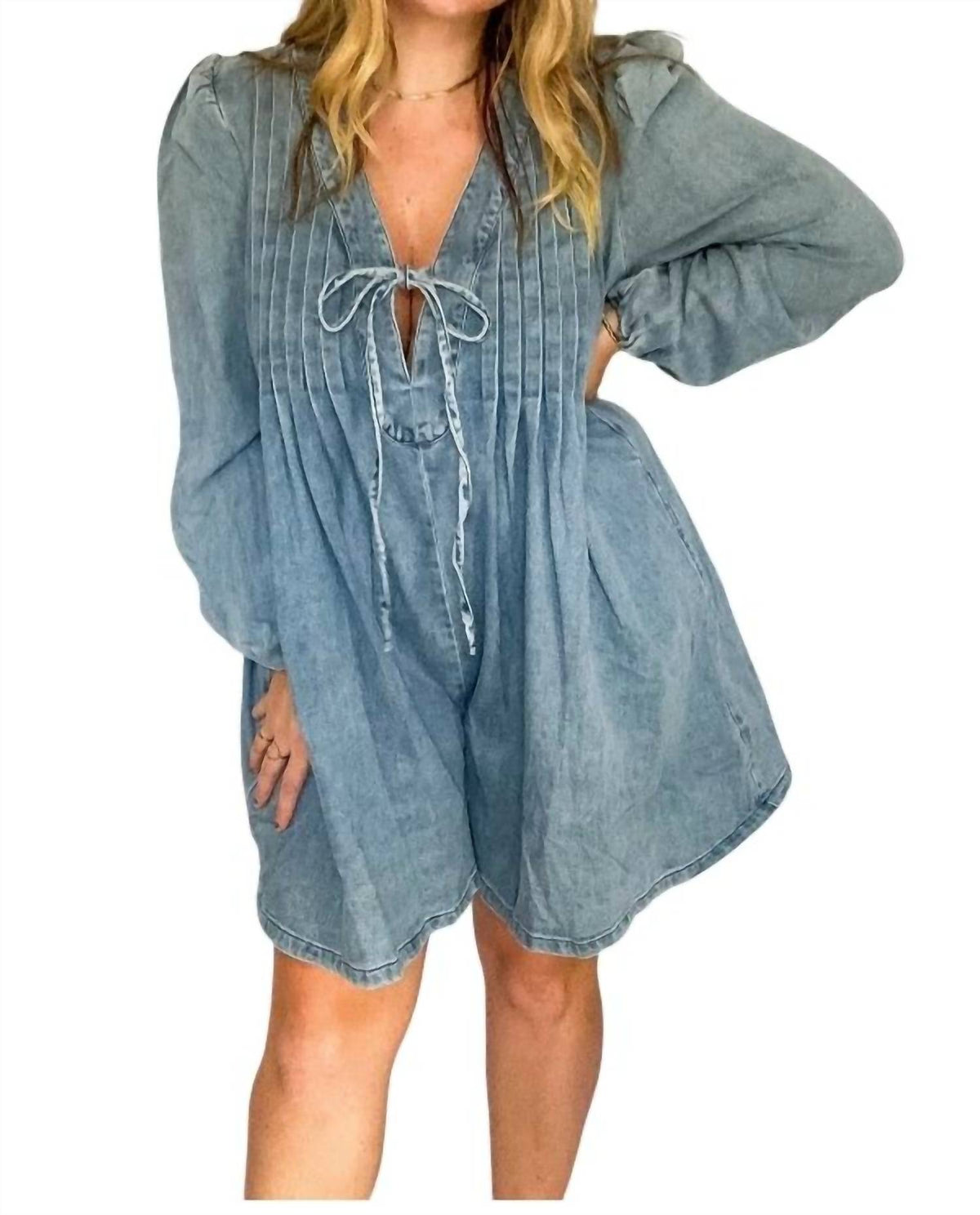 Lalavon - Addison Pleated Front Tie Romper