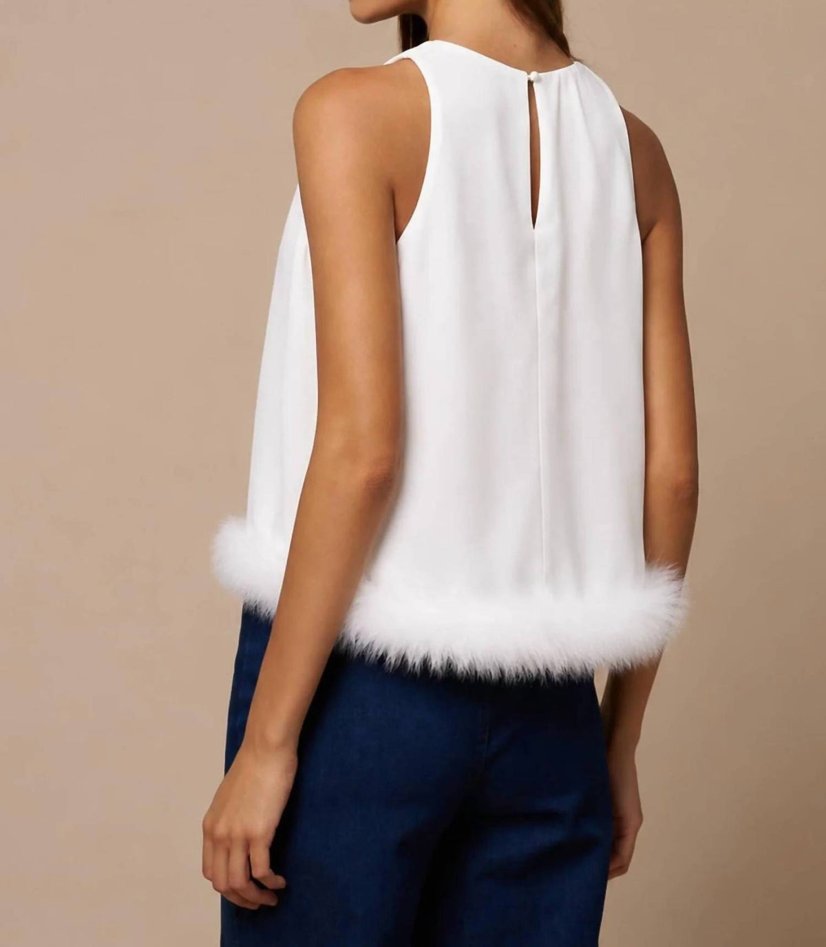Lalavon - Feather Trim Sleeveless Top